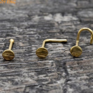 Dainty 3.5mm Circle Nose Studs, Nose Ball End, L-Shape Gold Nose Stud Ring, Disc Flat Screw Nose Ring, 14K Solid Gold Circle Flat Nose Stud