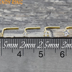 Gold Nose Ring Studs Jewelry 20 Gauge Solid 14K Gold Round CZ Prong Set L Bend Nose Studs, Dainty Solid 14K Gold L Shape Bend Nose Ring