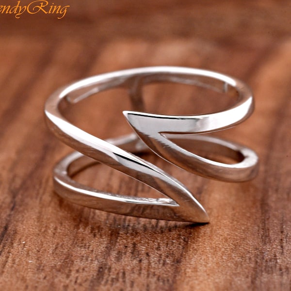 Open Layered Bypass Style Open Adjustable Solid 925 Sterling Silver Midi Pinky Thumb Ring, Womens Silver Unique Pointy Ends Cage Ring