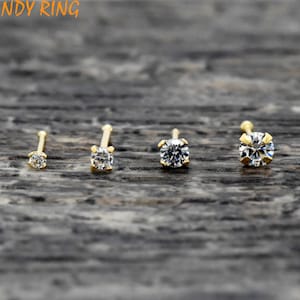 Dainty Solid 14K Gold Nose Bone Ring, 23 Gauge 14K Gold Round CZ Prong Set Nose Studs, Gold Nose Stud Ball on End, Gold Body Jewelry