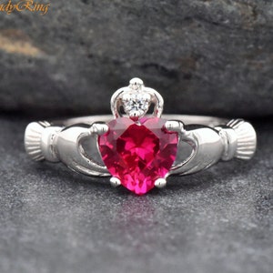 Celtic Claddagh with July Birthstone Red Heart CZ Silver Ring, Traditional Irish Friendship Symbol Ring, Fede Ring, Birthday Gift Ideas
