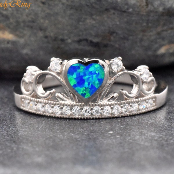 Heart Lab Created Blue Opal Crown Tiara Princess Queen Silver Ring with CZ, Opal CZ Crown Ring, Solid 925 Sterling Silver Crown Ring