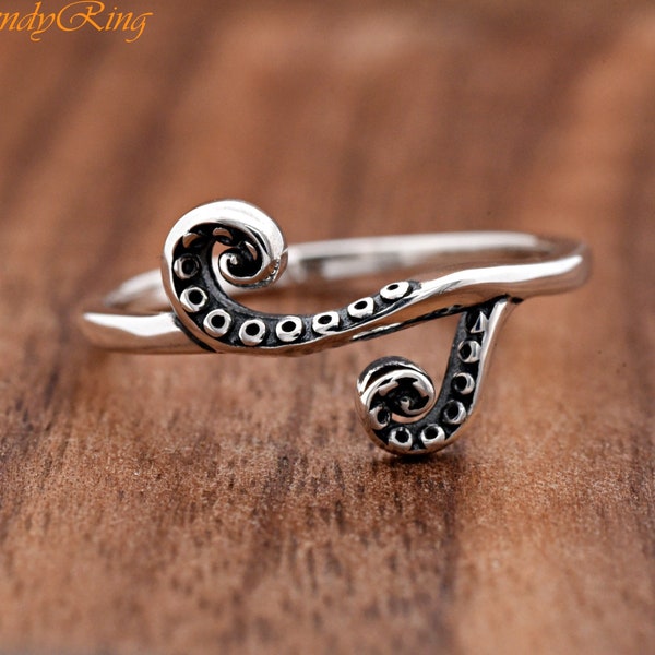 Vintage Style Oxidized Silver Octopus Leg Tentacles Ring / Sterling Silver Octopus Swirl Legs Ring / Gothic Theme Jewelry / Dainty Ring