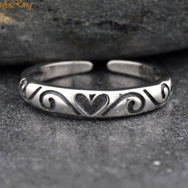 Toe Ring | Heart Filigree Engraved Silver Toe Ring | Solid 925 Sterling Silver Toe Adjustable Ring | Summer Body Jewelry