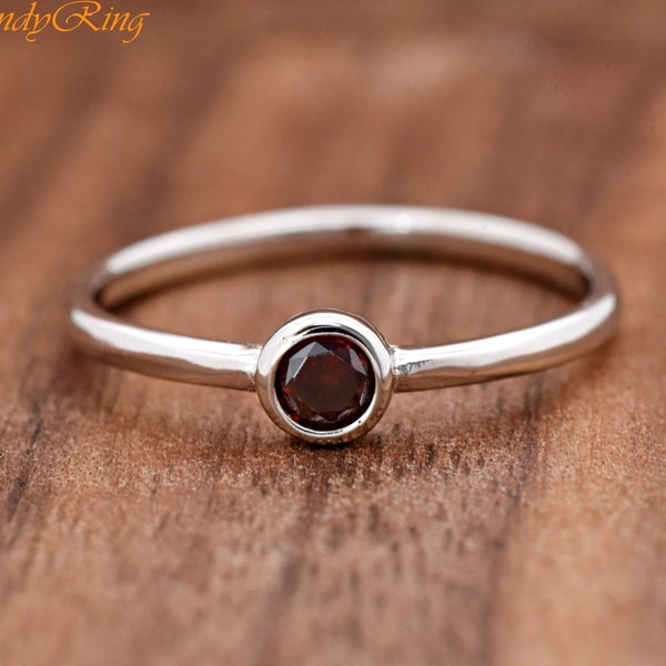 Solid 925 Sterling Silver Tiny 4mm January Birthstone Garnet Dark Red Color Round Cubic Zirconia Bezel Set Girls Womens Childrens Ring