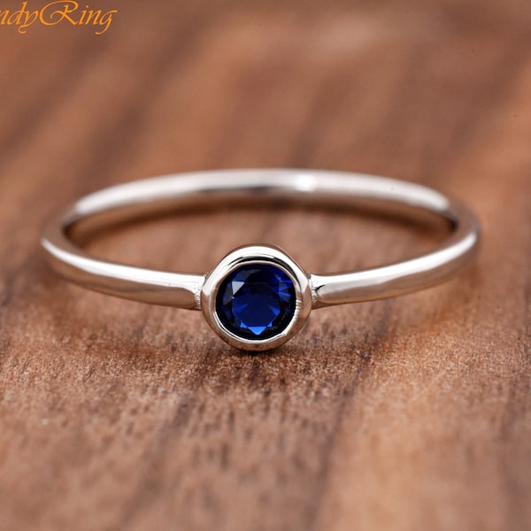 Solid 925 Sterling Silver 4mm September Birthstone Blue Sapphire Color Round Cubic Zirconia Bezel Set Solitaire Girls Womens Childrens Ring