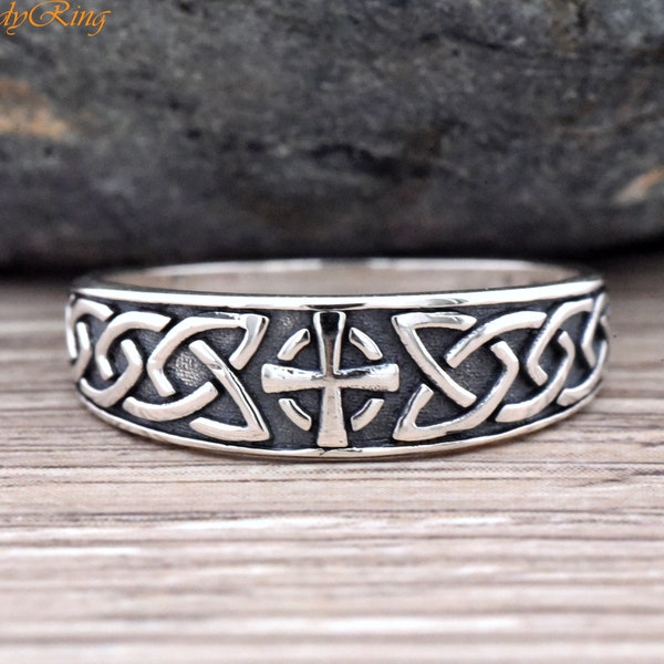 Celtic Cross with Braided Knot Side Engagement Ring, Celtic Cross Ring, Solid 925 Sterling Silver Celtic Cross Knot Wedding Ring Band Womens