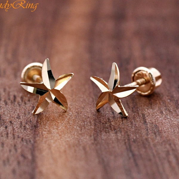 Tiny Starfish Gold Studs, 14k Solid Gold Starfish Ocean Theme Screw Back Girls Childrens Earrings, 6mm Petite Starfish Earrings