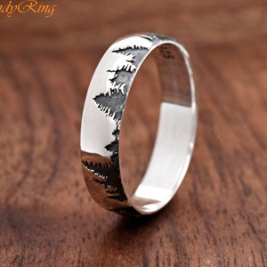 Solid 925 Sterling Silver High Polished 5mm width Forest Tress Engraved Ring Band
