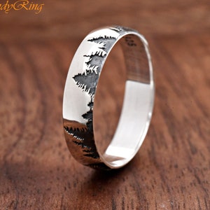 Solid 925 Sterling Silver High Polished 5mm width Forest Tress Engraved Ring Band
