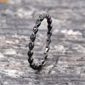 Women Black Eternity Ring, CZ Full Eternity Band, Skinny 2mm Solid 925 Sterling Silver Stackable Thumb Midi Ring, Thin Engagement Ring Band