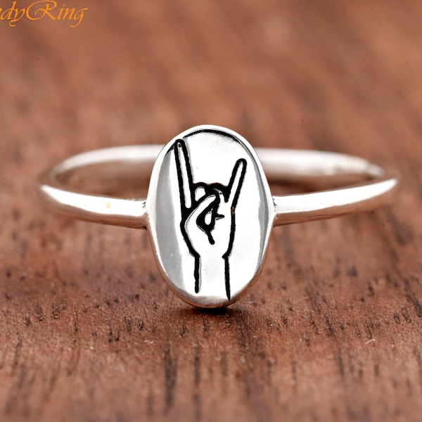 Oval Disc Signet Style with Rock and Roll Hand Sign Engraved Ring, Sign of the Horns Ring, Rock And Roll, 925 Sterling Silver Ring
