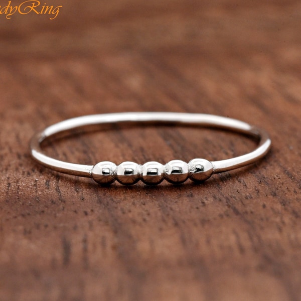 Solid 925 Sterling Silver Five Bead Ball Center Minimalist Simple Plain Ring, Bead Ball Silver Ring, Womens Ring