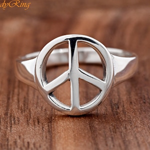 Round Peace Sign Solid 925 Sterling Silver Ring, Womens Peace Symbol Minimalist Ring, High Polished Peace Symbol Statement Ring