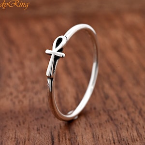 Solid 925 Sterling Silver Dainty Tiny Ankh Cross Ring, Sideways Ankh Cross The Key of Life Symbol Silver Ring
