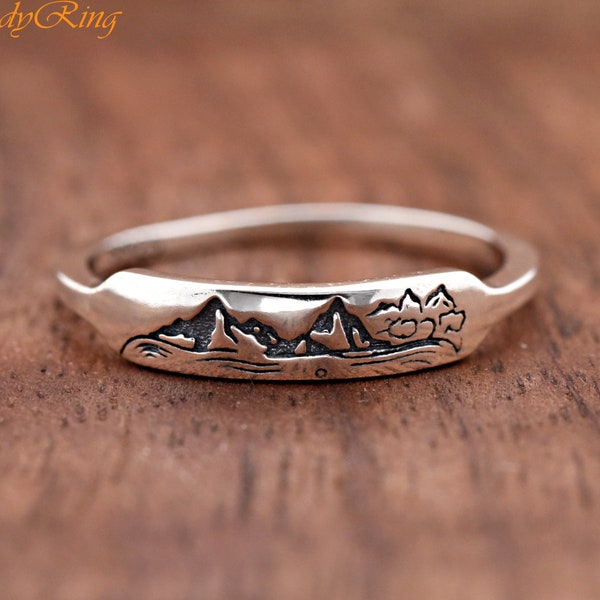 Dainty Bar Mountinas Engraved Silver Ring, Solid 925 Sterling Silver Mountains Nature Theme Engraved Bar Ring, Silver Mountain Ring