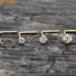 Dainty Solid 14K Gold L Shape Bend Nose Ring, 23 Gauge 14K Gold Round CZ Prong Set L Bend Nose Studs, Gold Nose Ring Studs Jewelry