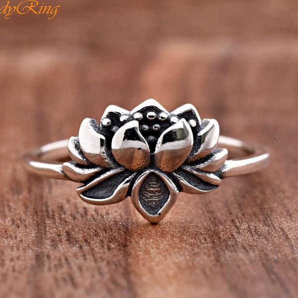 Solid 925 Sterling Silver Lotus Flower Vintage Antique Style Ring