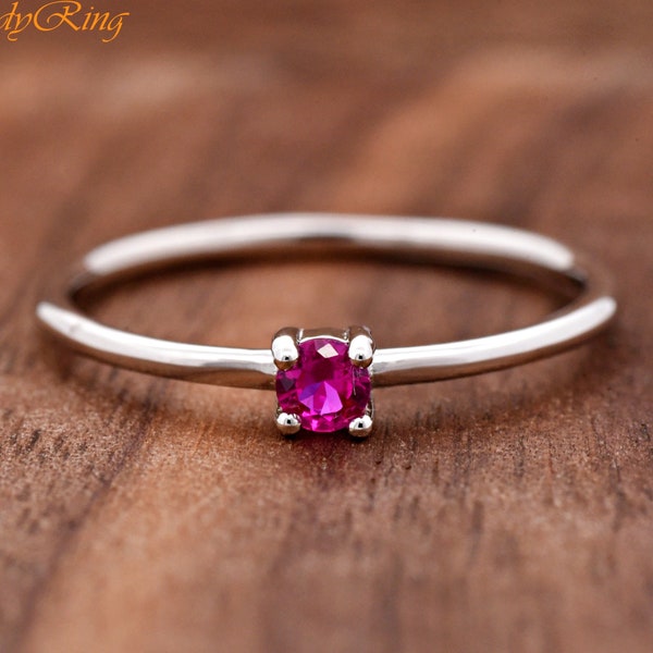 3mm Tiny Round July Birthstone Red Pink Ruby Color Cubic Zirconia Prong Set Solid 925 Sterling Silver Girls Womens Ring, Birthday Gift