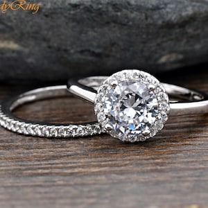 Halo Solitaire CZ Bridal Set | Art Deco Wedding Engagement Ring Set | Half Eternity Solitaire Pave Set CZ Sterling Silver Ring