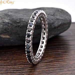 3mm Fishtail Eternity Band Silver Black CZ, Simulated Onyx Stone CZ Full Eternity Ring, Sterling Silver Ring, Womens Eternity Ring