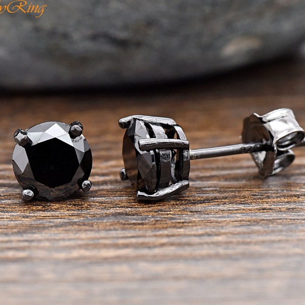 2mm - 8mm Black Rhodium Sterling Silver Black Round CZ Stud 925 Sterling Silver Push Back Earrings Girls Childrens Womens