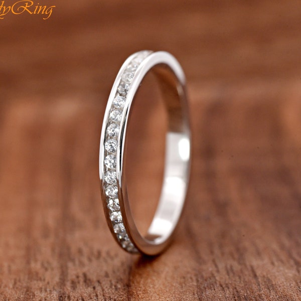 2mm Thin Channel Set Clear Cubic Zirconia All Around Full Eternity Ring | Silver CZ Stakcable Eternity Band | Women's Dainty Minimalist Ring