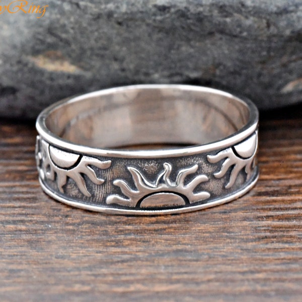 Up & Down Sun Pattern Vintage Silver Band, Womens Sterling Silver Sun Ring, 10mm Sun Ring, Silver Ring, Womens Fashion Ring