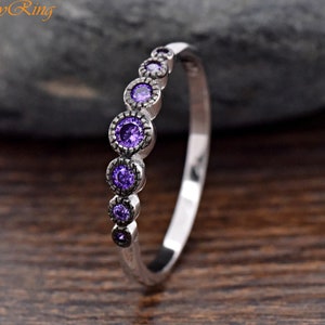 Seven Round Amethyst Milgrain Set Black Rhodium Sterling Silver Ring, Anniverasry Ring, Purple Cubic Zirconia Silver Ring, Ring for Her