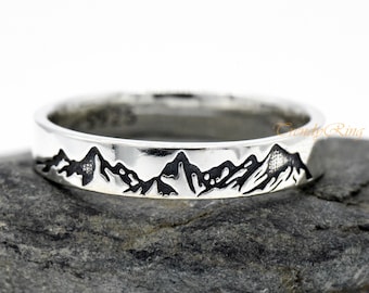 Pipe Cut Silver Wedding Band Mountain Engraved, Mountain Ring, Solid 925 Sterling Silver Mountain Range Engraved Engagement Ring Mens Women
