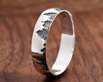 Solid 925 Sterling Silver High Polished 5mm width Forest Tress Engraved Ring Band