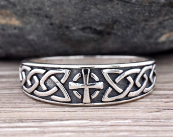 Celtic Cross with Braided Knot Side Engagement Ring, Celtic Cross Ring, Solid 925 Sterling Silver Celtic Cross Knot Wedding Ring Band Womens