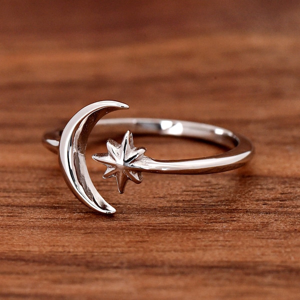 Toe Ring | Crescent Moon & Star Silver Toe Ring | Solid 925 Sterling Silver Toe Adjustable Ring | Summer Body Jewelry