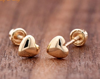 Tiny Heart Gold Studs, 14k Solid Gold Curved Heart Screw Back Girls Childrens Earrings, 4mm Petite Heart Earrings