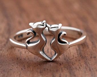 Cats Ring, Two Cats Minimalist Silver Ring, Solid 925 Stelring Silver Girls Children Womens Cat Ring, Lovers Promise Ring