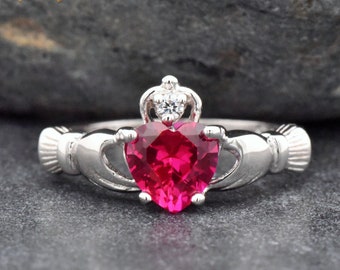 Celtic Claddagh with July Birthstone Red Heart CZ Silver Ring, Traditional Irish Friendship Symbol Ring, Fede Ring, Birthday Gift Ideas