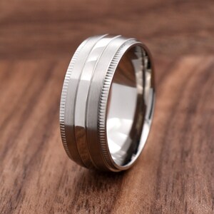 8mm Milgrain Wedding Band, Brushed Grooved Titanium Ring, Mens Titanium Wedding Ring, Mens Promise Ring Engraved Light Weight, Mens Ring