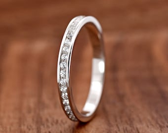 2mm Thin Channel Set Clear Cubic Zirconia All Around Full Eternity Ring | Silver CZ Stakcable Eternity Band | Women's Dainty Minimalist Ring