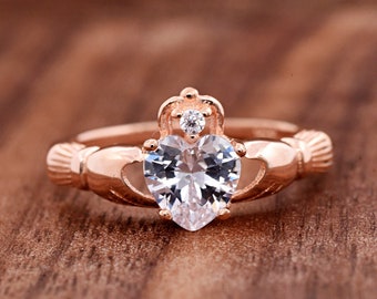 Rose Gold Plated Silver Claddagh Ring, Celtic Claddagh with April Birthstone Clear Heart CZ Silver Ring, Irish Friendship Anniversary Ring