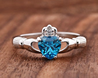 Claddagh Promise Ring, Celtic Claddagh with December Birthstone Light Blue Heart CZ Silver Ring, Traditional Irish Friendship Symbol Ring