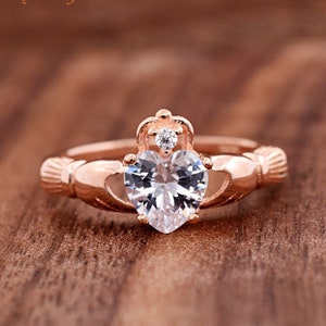 Rose Gold Plated Silver Claddagh Ring, Celtic Claddagh with April Birthstone Clear Heart CZ Silver Ring, Irish Friendship Anniversary Ring