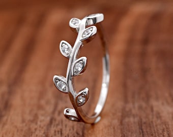 Wavy Branch Vine Leaves Cubic Zirconia Silver Ring / Fern Leaf CZ Ring / 925 Sterling Silver Womens Ring / Trendy Minimalist Jewelry