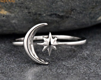 Toe Ring | Crescent Moon & Star Silver Toe Ring | Solid 925 Sterling Silver Toe Adjustable Ring | Summer Body Jewelry