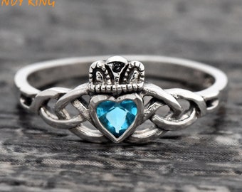 Irish Knot Heart Claddagh Ring | Synthetic Blue Topaz CZ December Birthstone Claddagh Ring | Kids Girls Claddagh Knot Ring | Celtic Ring