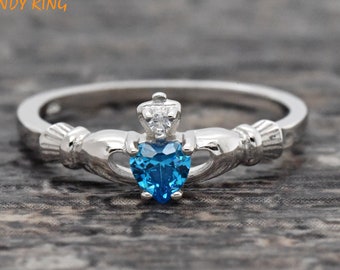 Heart CZ Claddagh Wedding Ring, Synthetic Blue Topaz Sky Blue CZ December Birthstone Irish Claddagh Ring, Kids Girls Womens Claddagh Ring