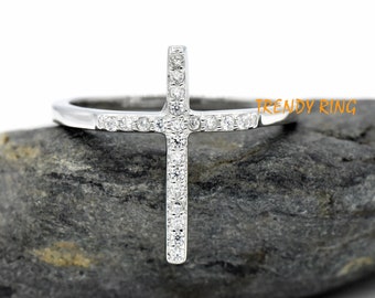 Cross Ring, 17mm Vertical Cross CZ Set Silver Ring, Chritianity Cross Ring, Solid 925 Sterling Silver Cross Ring, Womens Cross Jewelry