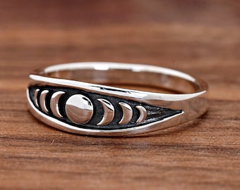 Solid 925 Sterling Silver Semi Dome Style Full Moon to Crescent Moon Phase Carved Center Vintage Style Ring Size 4-10