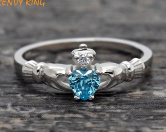 Heart CZ Claddagh Wedding Ring, Synthetic Aquamarine Sky Blue CZ March Birthstone Irish Claddagh Ring, Kids Girls Womens Claddagh Ring