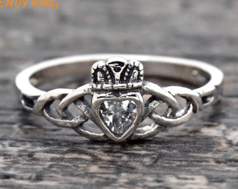 Simple Celtic Knot Claddagh Promise Ring Womens Wedding Band Engagement Anniversary Clear Cubic Zirconia Heart 925 Sterling Silver Ring