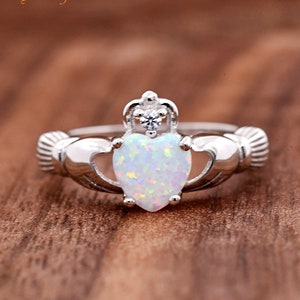 Opal Celtic Claddagh CZ Silver Ring, Traditional Irish Friendship Symbol Ring, Fede Ring, Birthday Gift Ideas, Lab Created White Opal